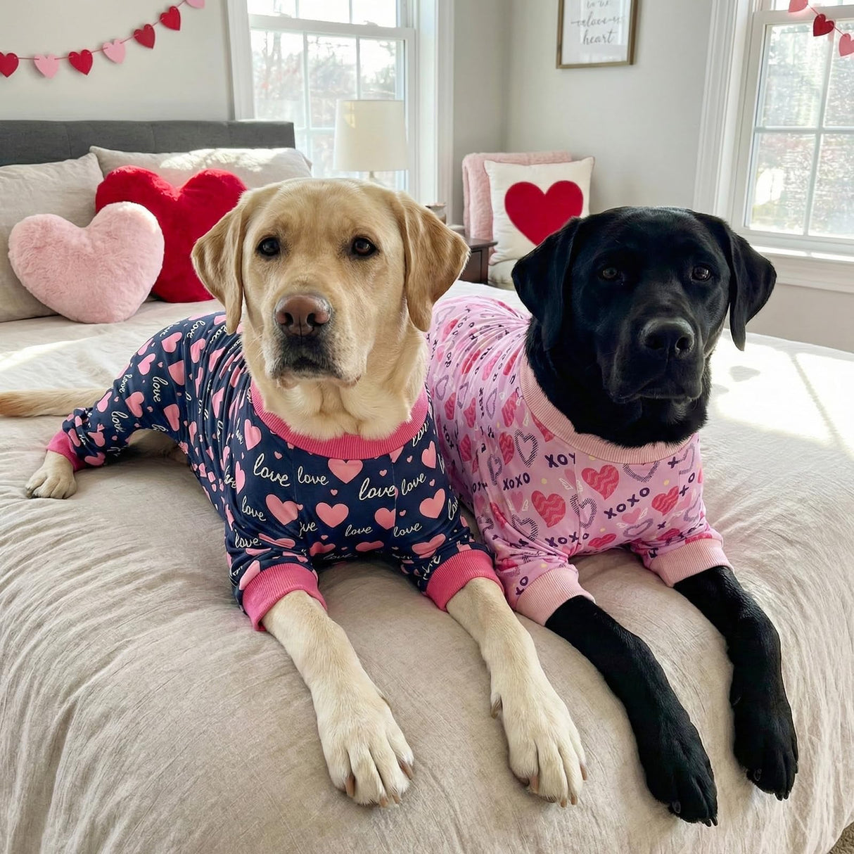 Vehomy 2-Pack Dog Valentines Pajamas Valentine's Day Dog Costume Outfit with Love Heart Patterns Pet Valentines Onesie Jumpsuits Sweet Heart Clothes Jammies for Medium Large Dogs XL