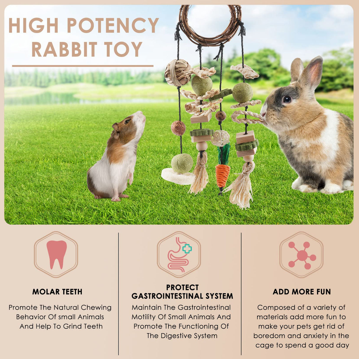 Bissap Bunny Chew Toy, 2 Packs Rabbits Cage Hanging Chew Toys and Treats Rattan Ring with Snacks for Guinea Pigs Chinchillas Hamsters Rats and Other Small Pets Teeth Grinding