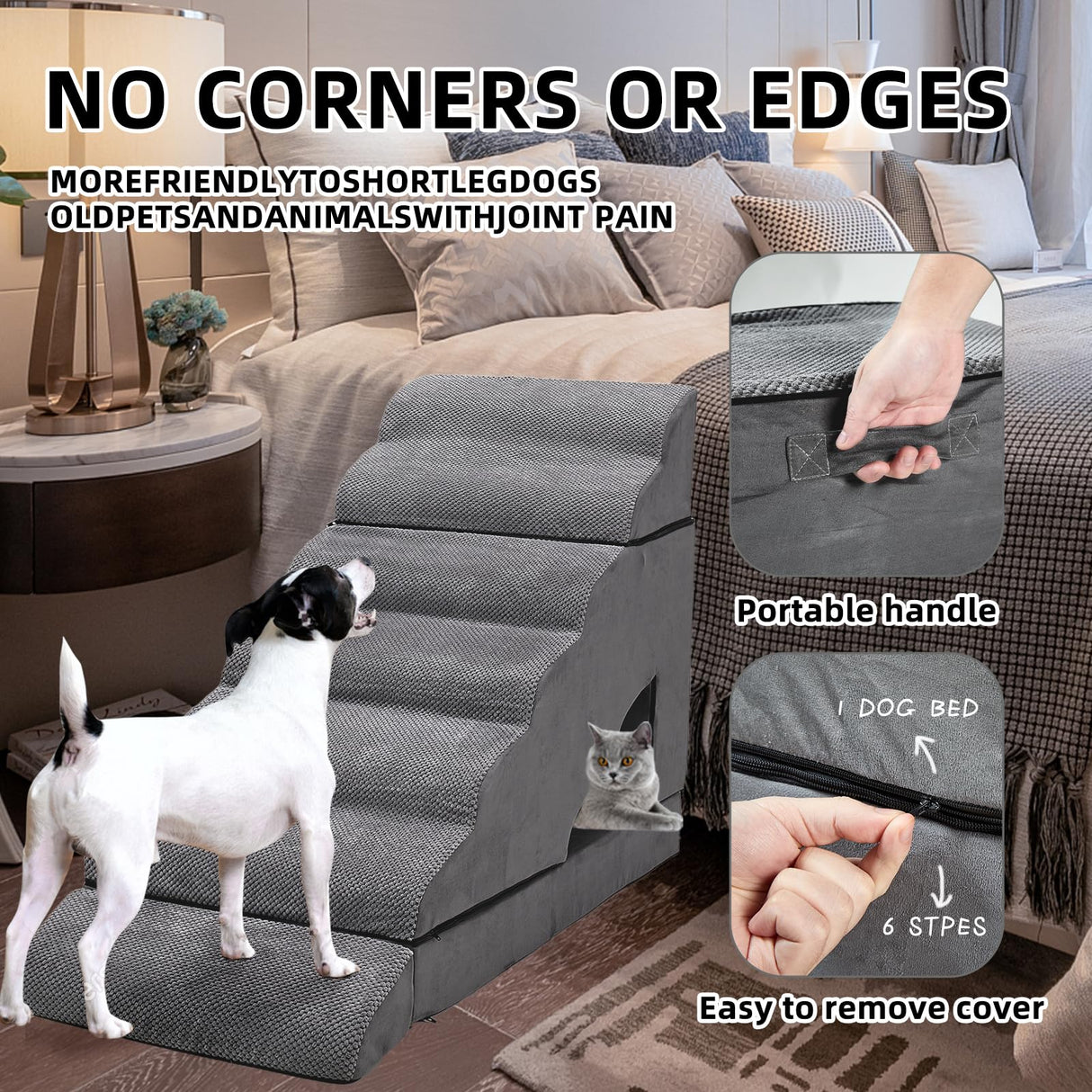 LitaiL 7-Step Dog Stairs for High Beds 30-36" Tall Dog Ramp for Small and Older Pets, Non-Slip Pet Steps, Grey