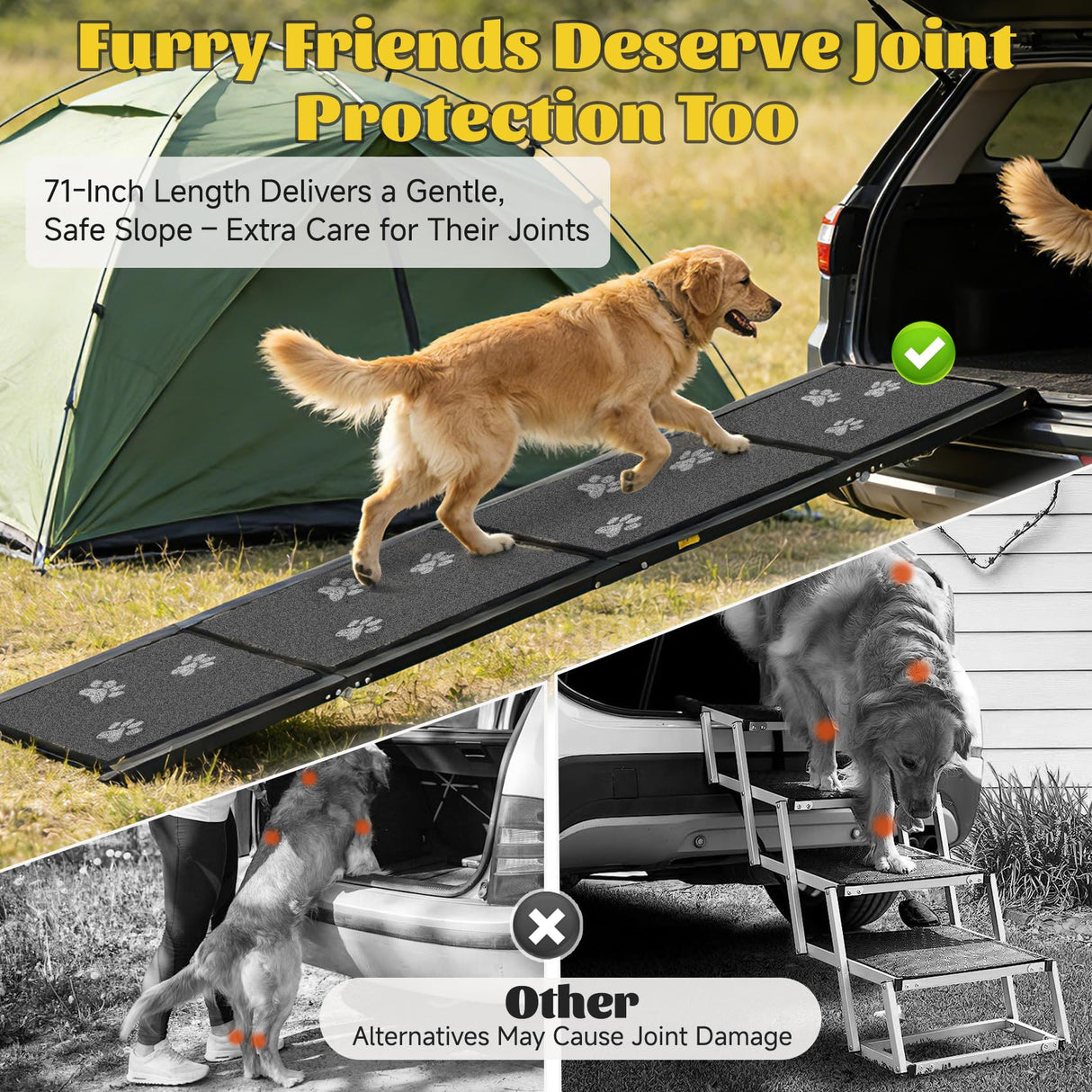 Upgraded Dog Ramp for Car 71" X-Long & 19.7" Wider Portable Dog Ramps for Large Dogs Non Slip Rug Surface Extra Wide Steps for SUV Car and Truck Folding Dog Ramp Supports Up to 270LBS