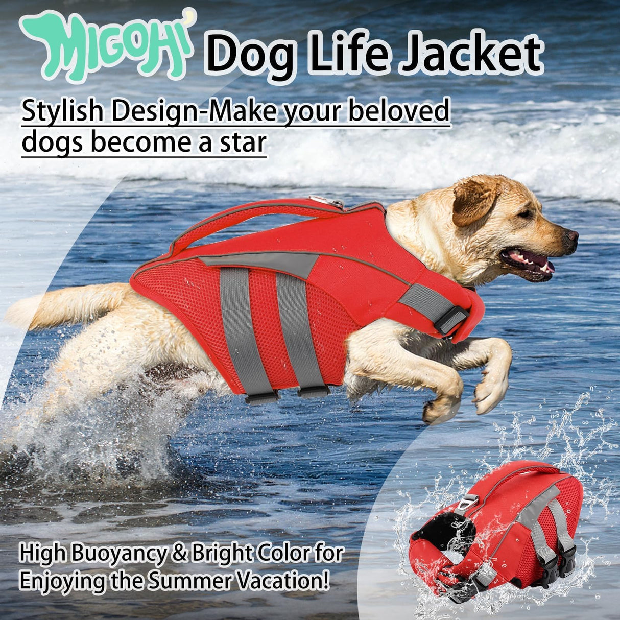 MIGOHI Dog Life Jacket, Reflective Dog Swimming Vest with High Flotation and Rescue Handle, Ripstop Dog Lifesaver for Small Medium Large Dogs, Pet Safety Water Vest for Swimming Boating Surfing
