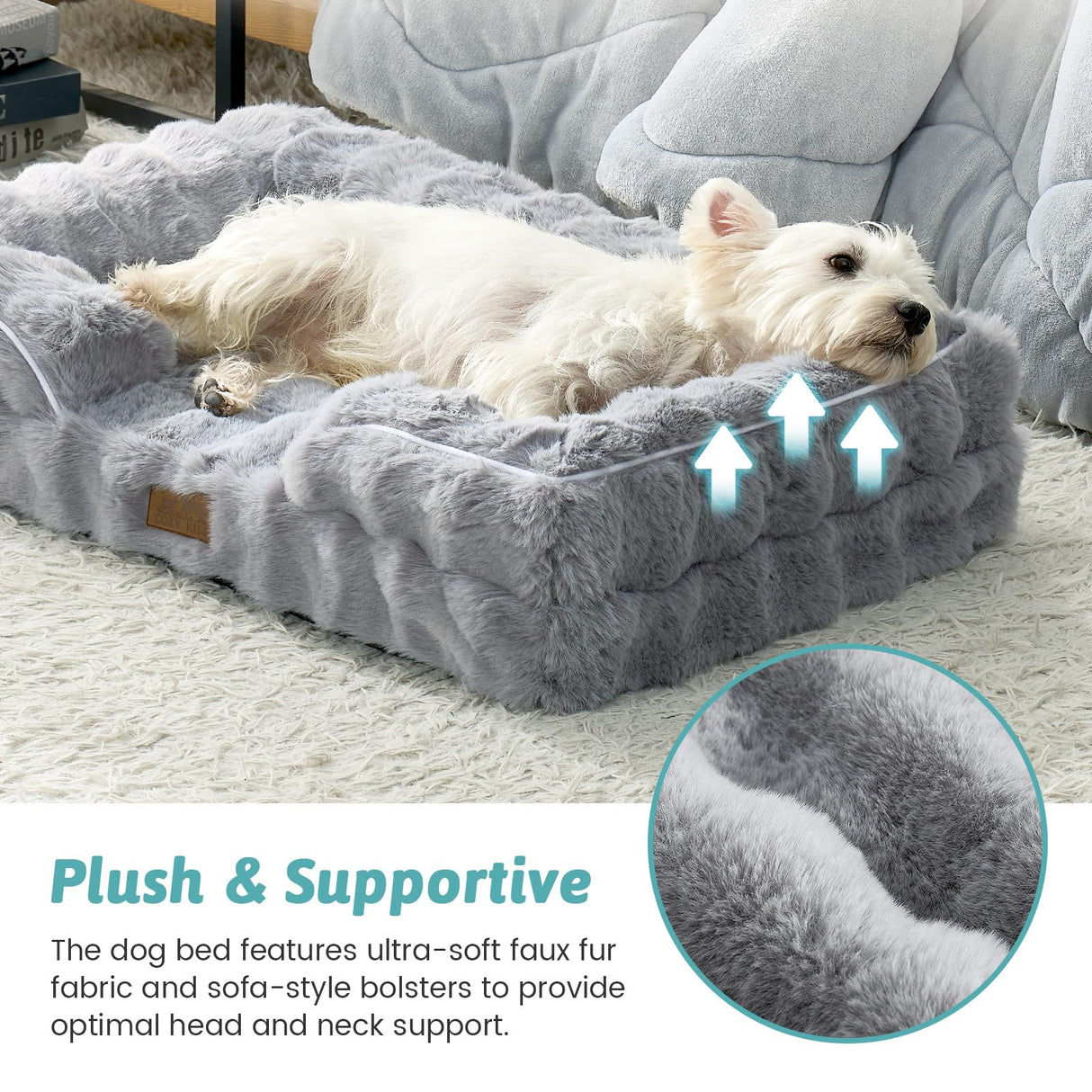 COZY KISS Orthopedic Dog Bed for Extra Large Dog, Soft and Warm Faux Fur Sofa for Giant Pet Up to 150 lbs, Foam Bolster Anti-Slip Couch with Washable Removable Cover, XXL 48x35x8 inch, Grey
