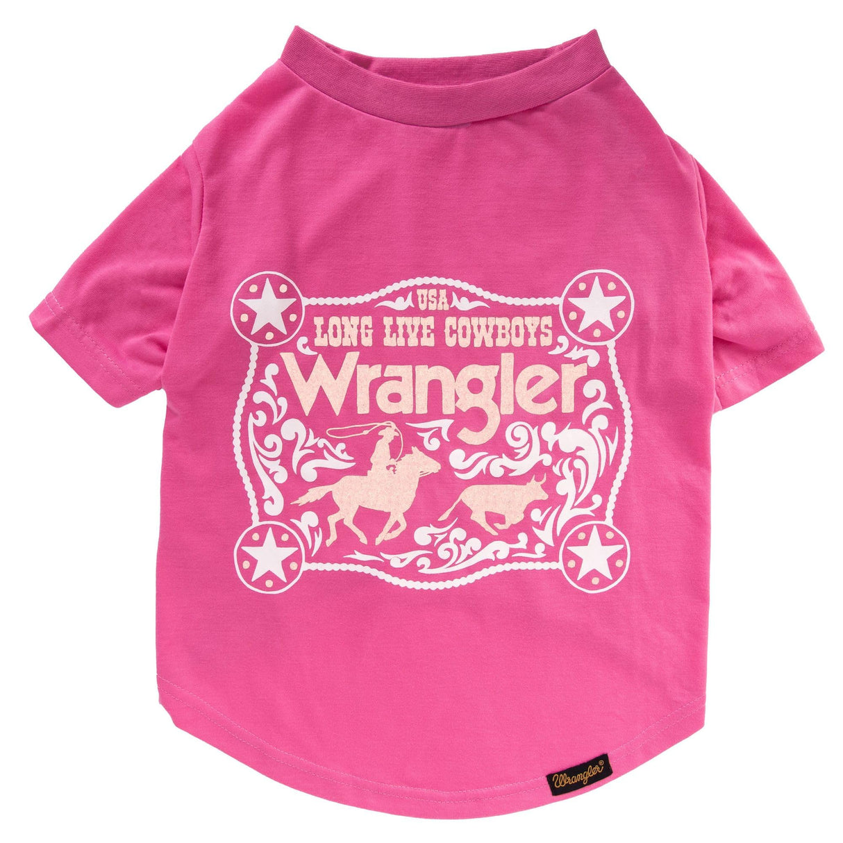 Wrangler Dog Shirt – Western Cowboy Rope Logo Pet Tee for Small to XL Dogs – Pull-on Machine Washable Dog T-Shirt (Pink, XS)