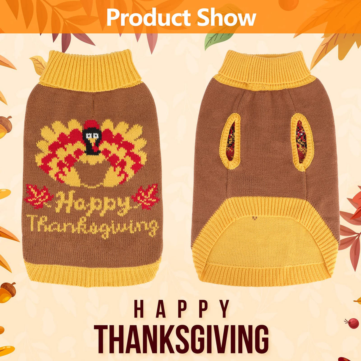 HUMLANJ Thanksgiving Knitted Dog Turtleneck Sweater Dog Sweaters Turkey Warm Pullover Sleeveless with Leash Hole for Puppy Doggy Doggie Yorkshire Chihuahua Pug(XL)