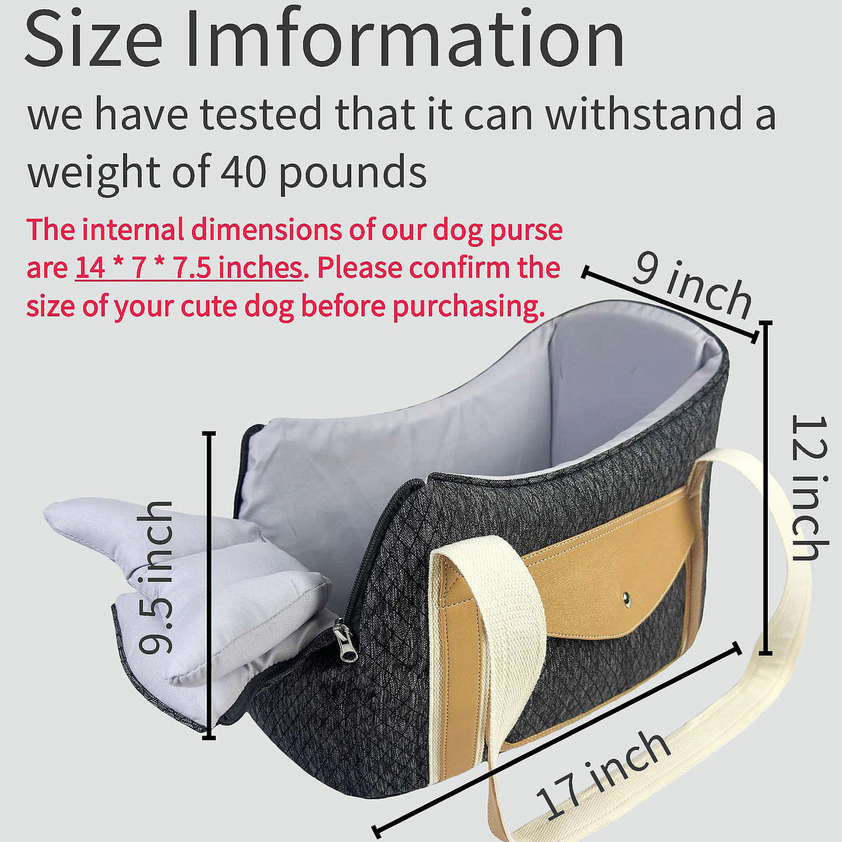 Dog Purse Carrier with Soft Pillows，Dog Tote Bag with Pockets and Secure Harness Clip,17 * 9.5 * 9inches for Small Dogs and Puppies,Outing,Travel,Vet