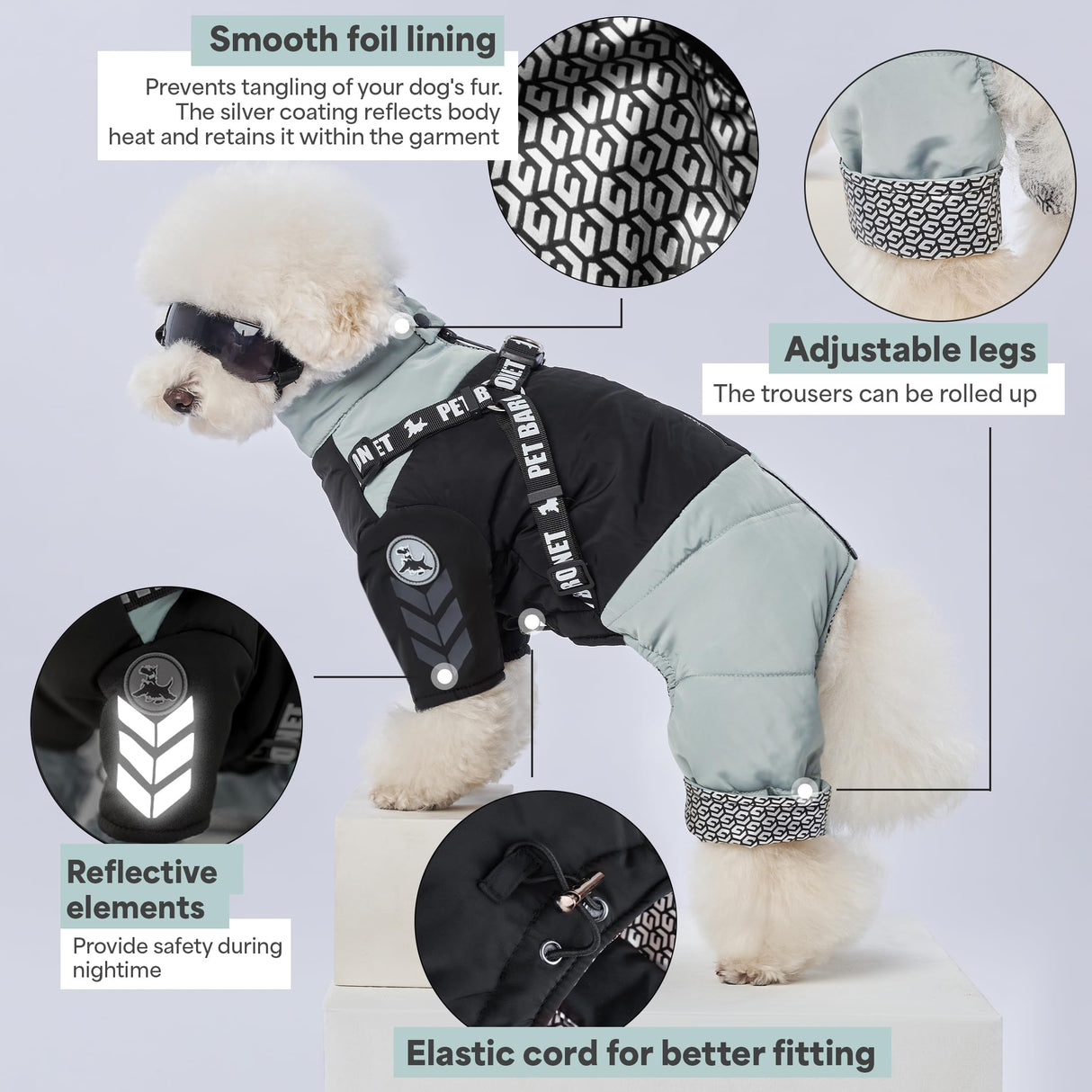 PETBARONET Waterproof Full Body Snowsuit with Harness, Reflective Jacket for Small and Medium Dogs (Green, XL:Chest 18.9'', Length: 14.2'')
