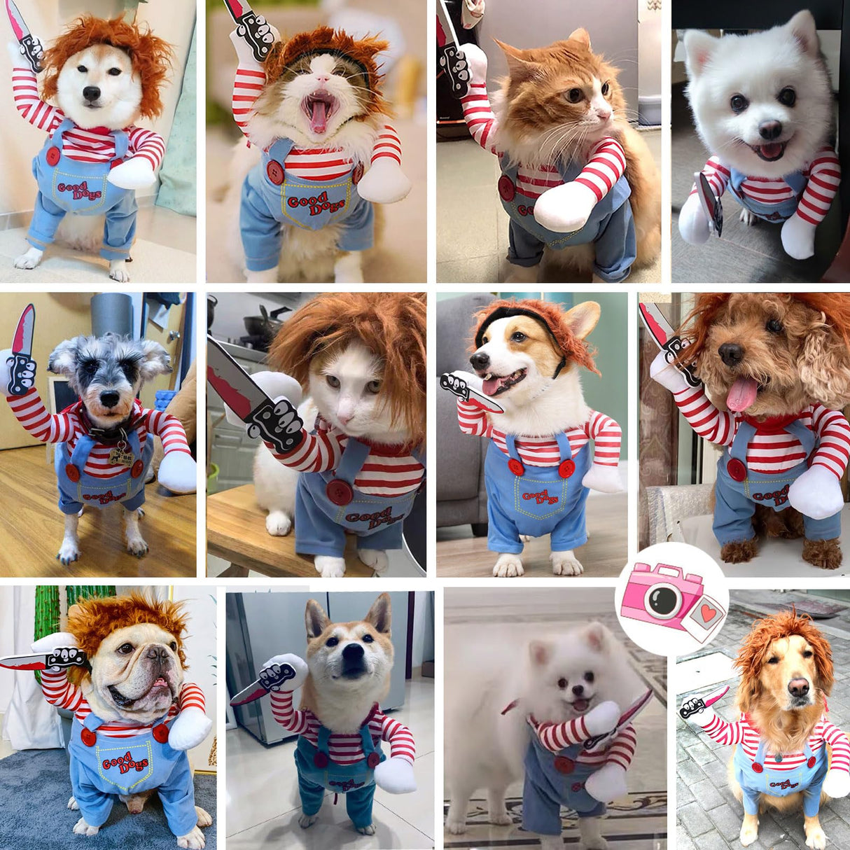 Pet Deadly Doll Dog Costume - Funny Halloween Chucky Outfit for Small, Medium, Large Dogs, Cats, Puppies - Cute Party Cosplay Dress Up - Scary Spooky Kitty Apparel