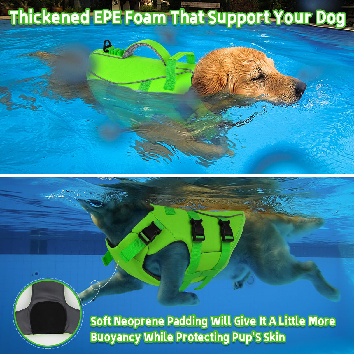 Dogcheer Dog Life Jacket with Double Rescue Handle, Reflective Dog Harness Life Vest for Swimming Boating, Adjustable Pet Swim Vest Dog Flotation Device DFD for Small Medium Large Dogs - Green S