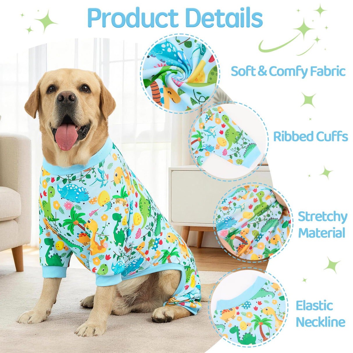 XPUDAC 2 Pack Dog Pajamas for Large Breeds, 4-Way Stretch Soft Dog Onesie Lightweight Warm Pet Clothes Jammies for Large Breeds Dinosaur Avocado Print, 4XL