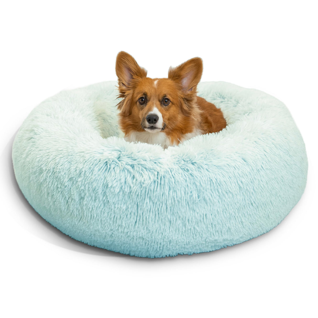 Best Friends by Sheri Original Calming Donut Dog and Cat Bed, Shag Faux Fur, Baby Blue, (30in x 30in) - Anxiety Relief for Pets Up to 45 lbs