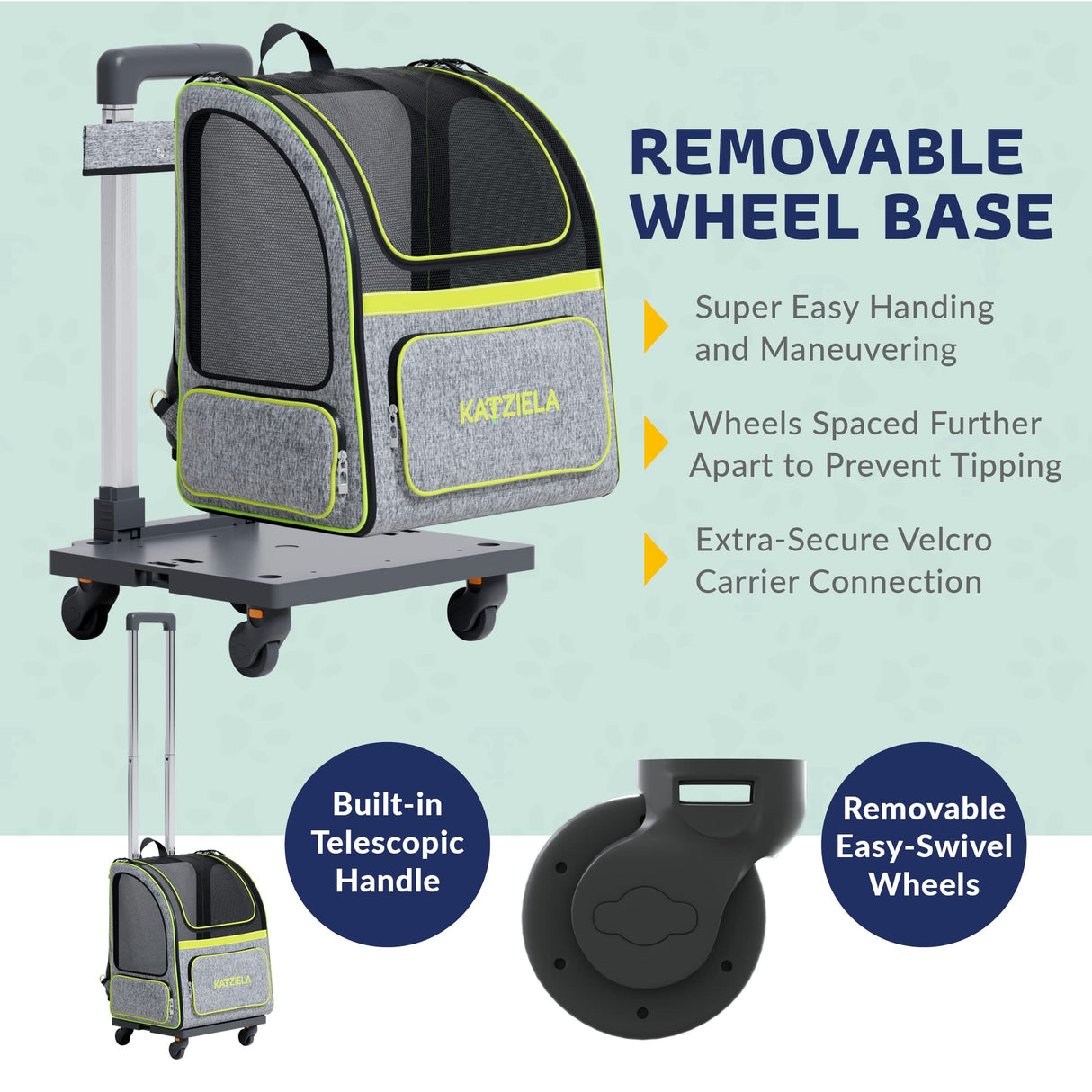 Katziela Wheeled Pet Carrier Backpack - Soft Sided, Airline Approved Hiking Carrying Bag for Small Dogs and Cats – Removable Rolling Wheels – Mesh Ventilation Windows, Storage Pockets (Green/Gray)