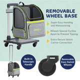 Katziela Wheeled Pet Carrier Backpack - Soft Sided, Airline Approved Hiking Carrying Bag for Small Dogs and Cats – Removable Rolling Wheels – Mesh Ventilation Windows, Storage Pockets (Green/Gray)