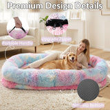 Human Dog Bed 71''Foldable for Adult Kids Faux Fur Washable Removable Giant Pet Bed with Present Blanket, Rainbow