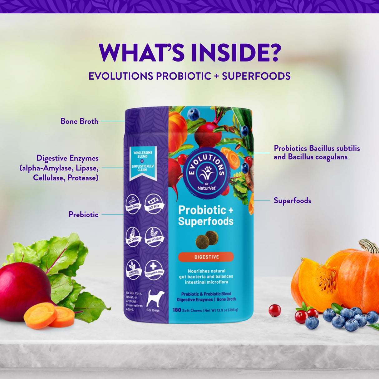 NaturVet Evolutions Probiotic & Superfoods 90ct Soft Chews for Dogs - Prebiotic & Probiotic Blend, Digestive Enzymes, Bone Broth, Omega's - Nourishes Natural Gut Bacteria and Intestinal Microflora