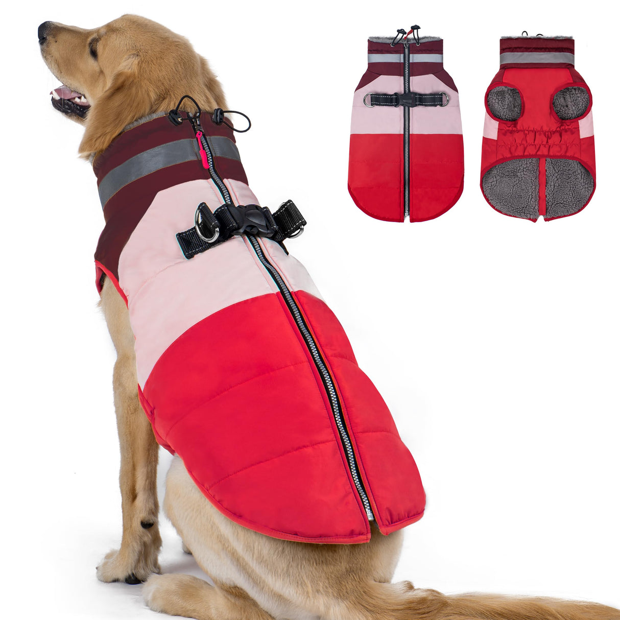 azuza Dog Coats for Large Dogs Waterproof Dog Coat with Reflective Strips and Harness Built in Warm Fleece Dogs Winter Coat Windproof with Back Zipper, Red 3XL