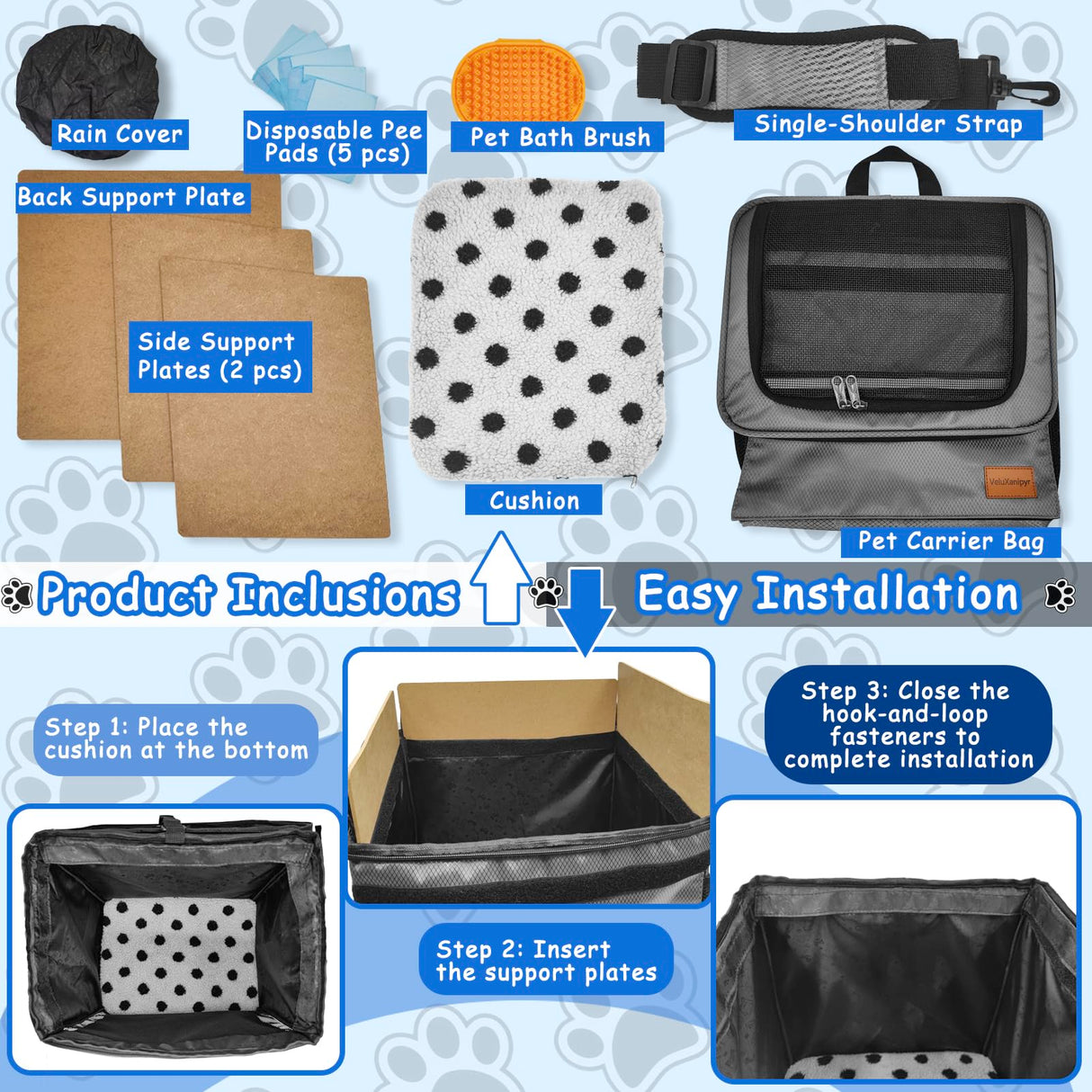 VeluXanipyr Dog Bike Basket,Cat Backpack Carrier,Dog Bike Carrier Hard,Pet Car Seat with Extended Single Shoulder Strap,Pet Shoulder Bag with Pet Bath Brush，Disposable Pee Pads 5pcs,Gray