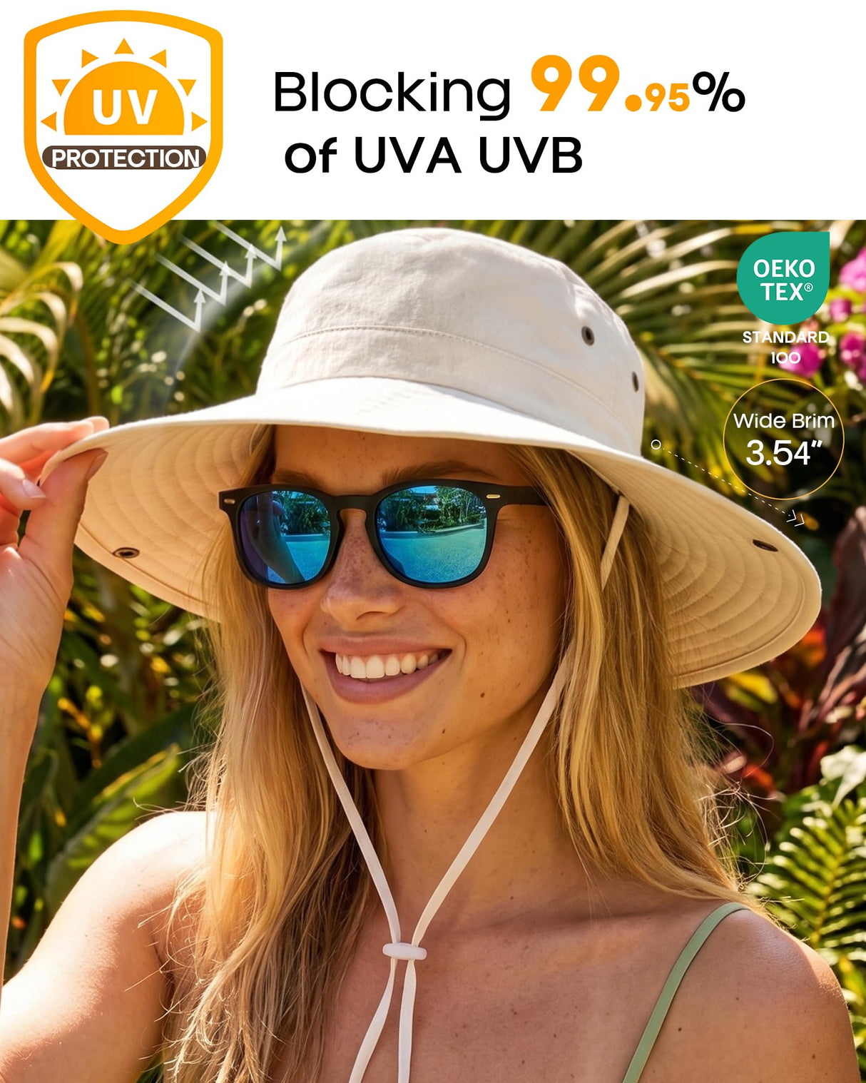 FURTALK Sun Hats for Women Ponytail UV Protection Beach Summer Hat Wide Brim Packable Cowboy Hat Beige