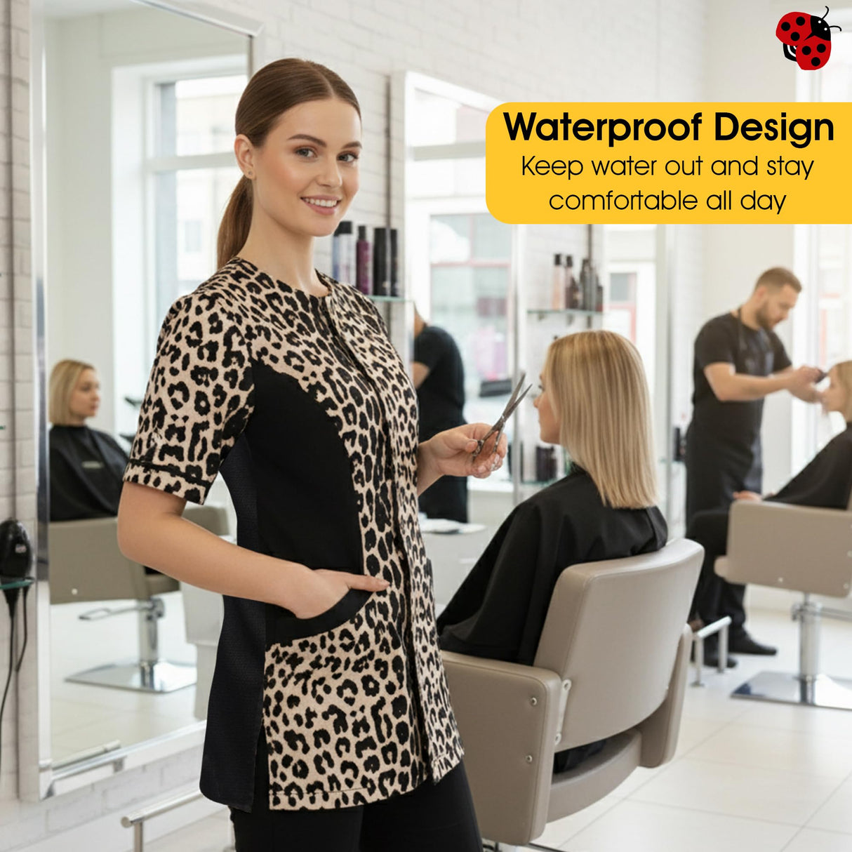 Ladybird Line 716 Leopard Print Waterproof Grooming & Styling Smock, Hair and Bleach Resistant with Covered Zipper Panel, Mesh Back, and Back Tie Belt - Ideal for Pet Groomers and Hair Stylists - 2XL