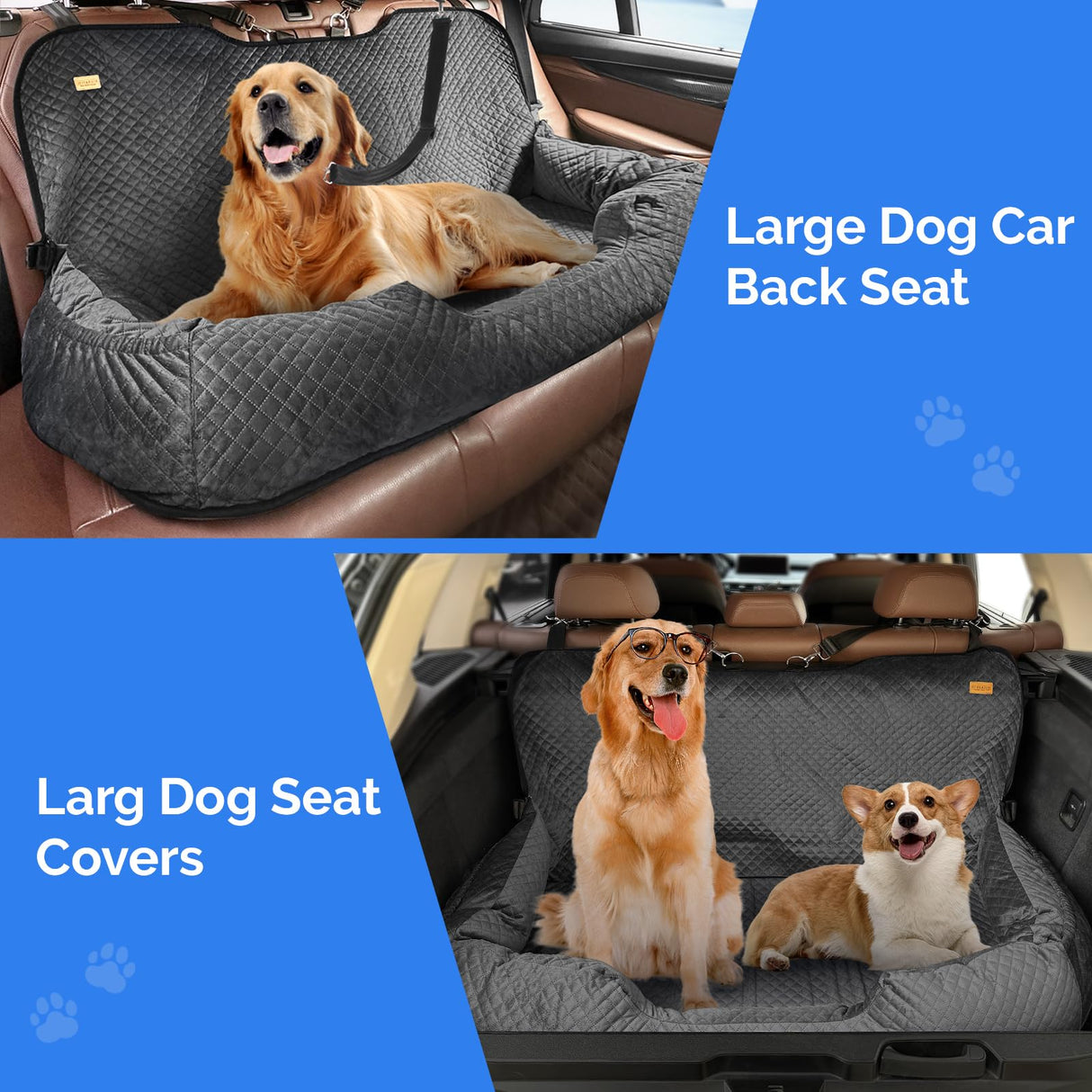 Kiusatig Large Dog Car Back Seat for 100lbs Dogs Pet Bed Car Seat Fully Detachable Washable Travel Safety with Storage Pocket Black