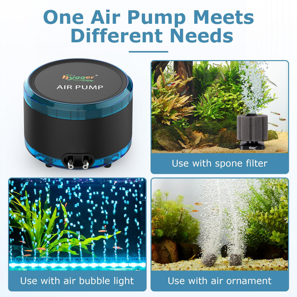 hygger Aquarium Air Pump Dual Outlet, Quiet Powerful Fish Tank Aerator 4W/8W, Adjustable Oxygen Pump with Air Stone, Bubbler for Fish Tank Up to 200 Gallon