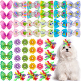 MTLEE 50 Pcs Easter Dog Bows Dog Hair Bows Bulk Easter Grooming Cute Rabbit Pattern with Rubber Bands Puppy Yorkie Cat Bunny Butterfly Topknot Rhinestone Pearl Girl Accessories