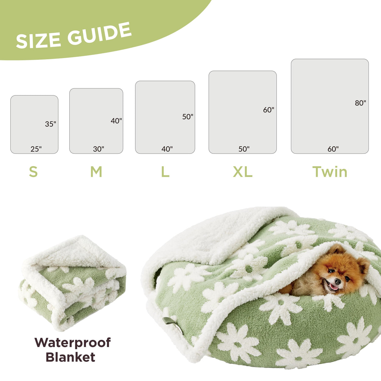 LE SURE Waterproof Dog Blanket for Medium Dogs - Washable Double Sided Dog Blankets with Warm Jacquard Shag and Soft Sherpa Fleece, Pet Cat Blanket for Couch Protection, 3D Textured Cloud, Green
