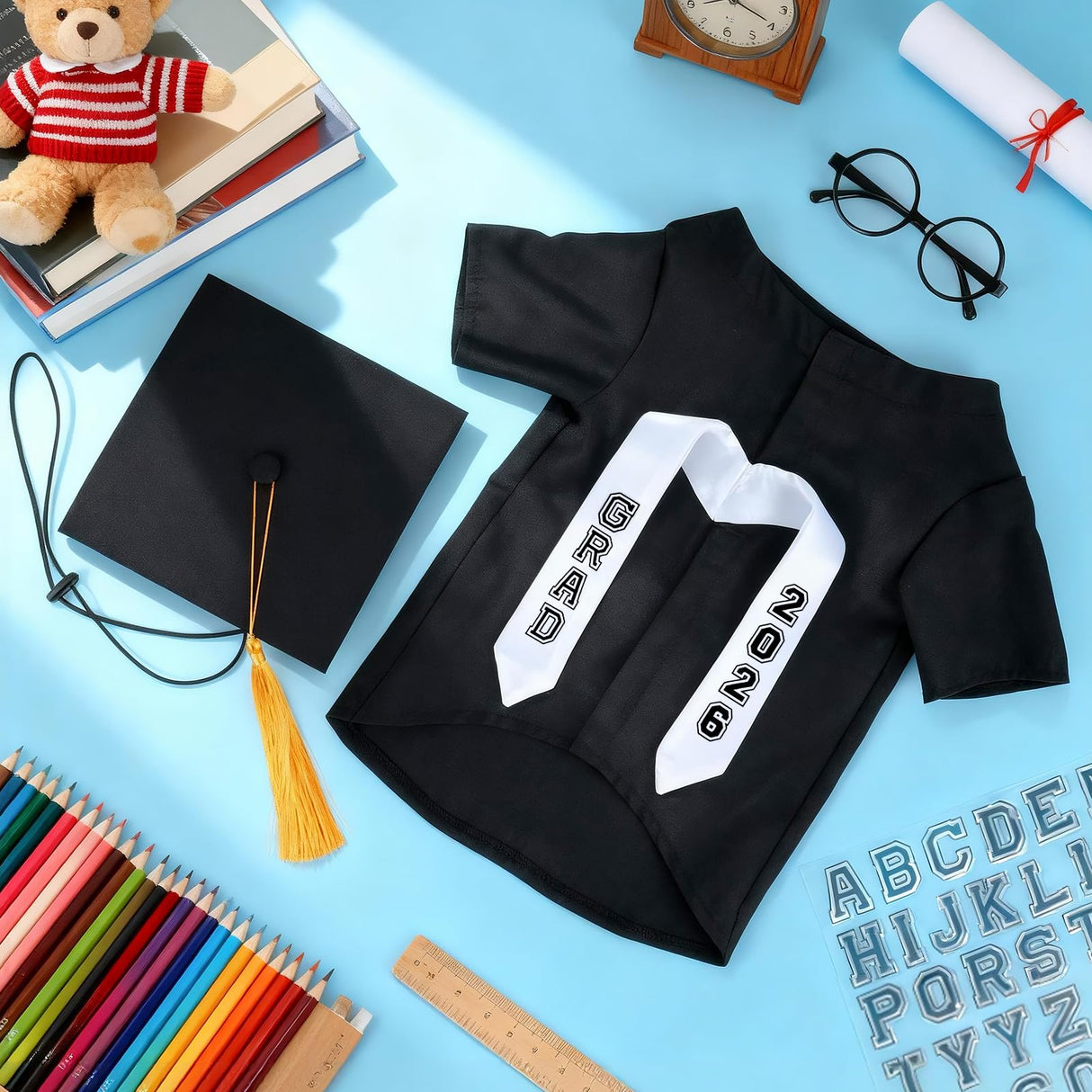 6 Pcs Dog Cat Graduation Cap and Gown Include 2026 Pet Graduation Gown Stole Puppy Grad Cap Lensless Glasses DIY Letter Stickers for Dogs Cats Holiday Costume Accessory (Black, Medium)