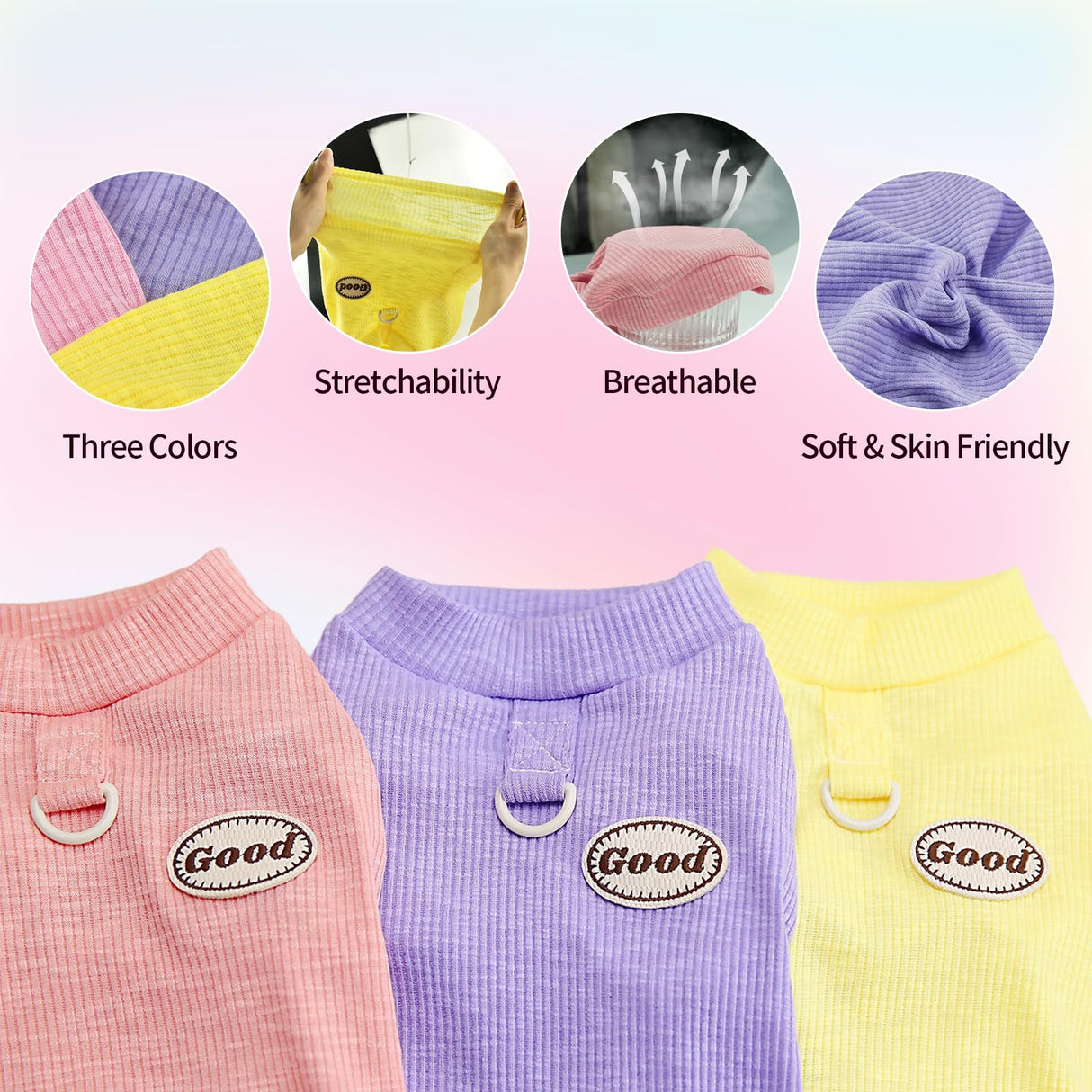 LyssKMK 3Packs Dog Cotton T-Shirt Dog Summer Short Sleeves Puppy Shirts Breathable Pet Vest Clothes with D-Ring for Small Medium Large Dogs Cats Kittens (Yellow Purple Pink) M