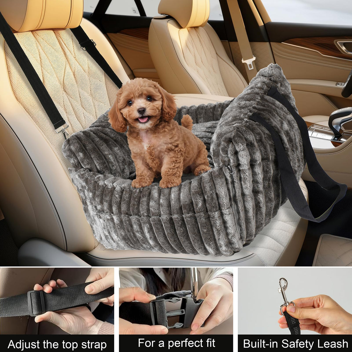 HOMLOVE Dog Car Booster Seat, for Small Dogs Under 30 lbs, Detachable Washable Travel Bed with Storage Pockets and Safety Belt (Coffee, Medium)
