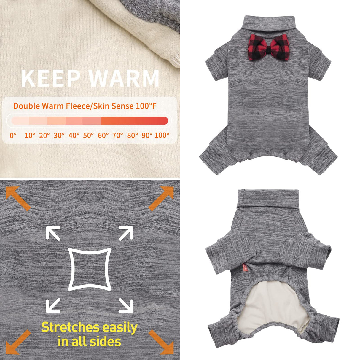 KYEESE Dog Pajamas for Small Dogs Turtleneck Stretchy Dog Pjs Pet Sweater Super Soft Warm Material Dogs Coats with Bowtie Pet Onesie Cold Weather Coat, Grey,XL