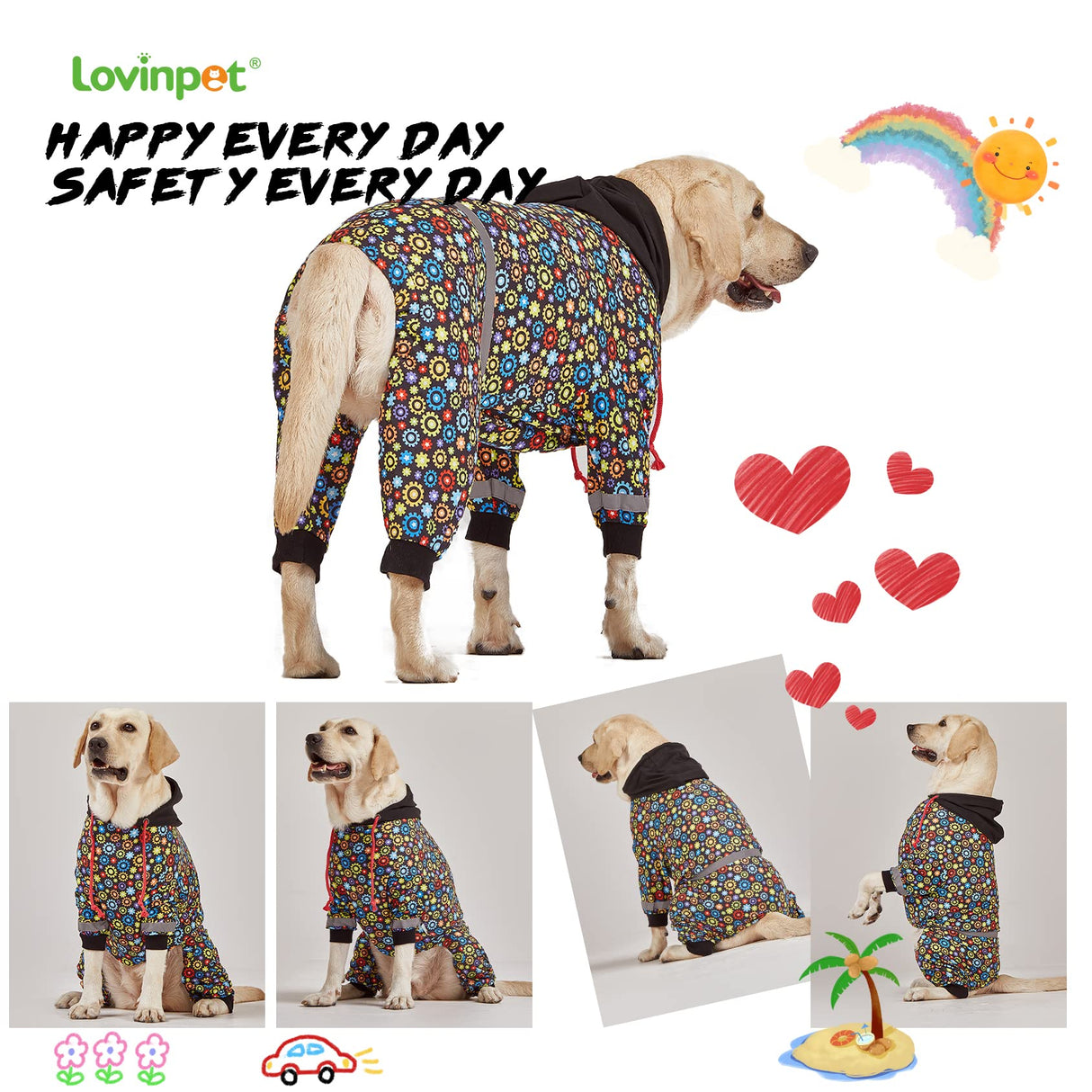 LovinPet Large Big Dog Onesies, Wound Care/Post Surgery Dog Shirt, Stop Shedding for Dogs, Pet Anxiety Relief Pajamas, PJ's for Dogs, Reflective Stripe, Gears and Black Print, Pet PJ's, L
