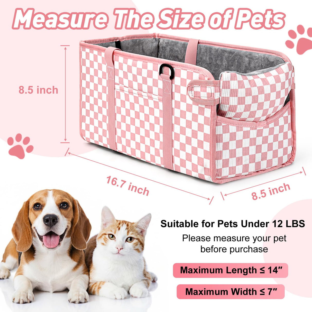 Portable Dog Car Seat for Small Dogs - Pet Booster Seat with Safety Leash & Anti-Collapse Design, Washable Cushion - Center Console Car Travel Carrier for Pets Up to 12 lbs, Pink Checkered