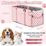 Portable Dog Car Seat for Small Dogs - Pet Booster Seat with Safety Leash & Anti-Collapse Design, Washable Cushion - Center Console Car Travel Carrier for Pets Up to 12 lbs, Pink Checkered