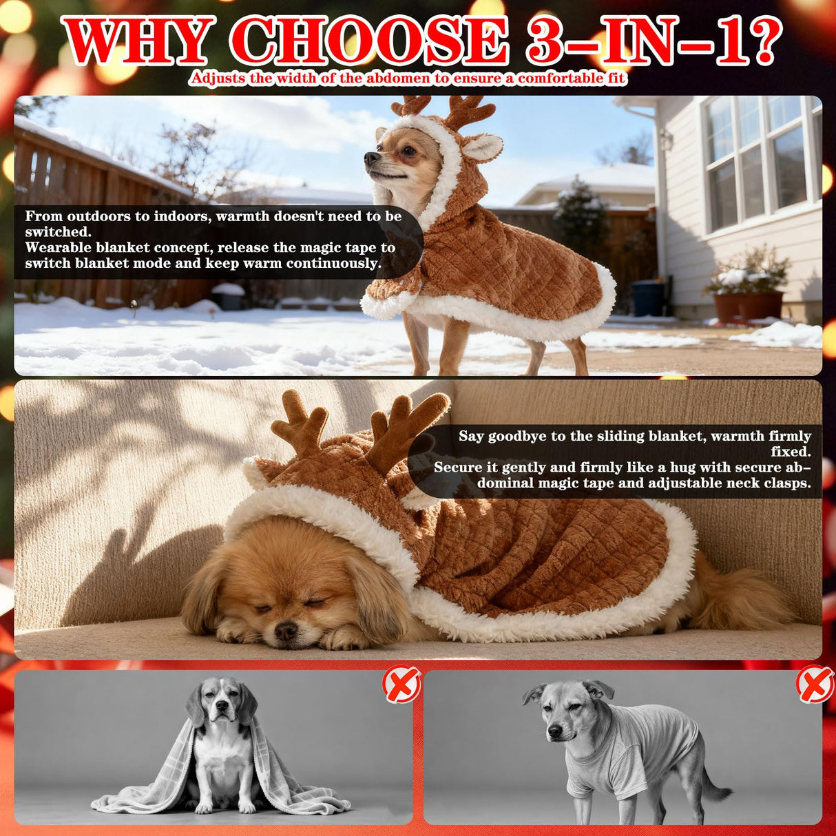 EXPAWLORER Dog Christmas Costume Winter Coat with Hat, Fleece Warm Elk Pet Cloak Cape Blanket with Antlers for Cold Weather, Thicken Dog Sweater Jacket Clothes for Small Medium Large Dogs Cats BrownXL