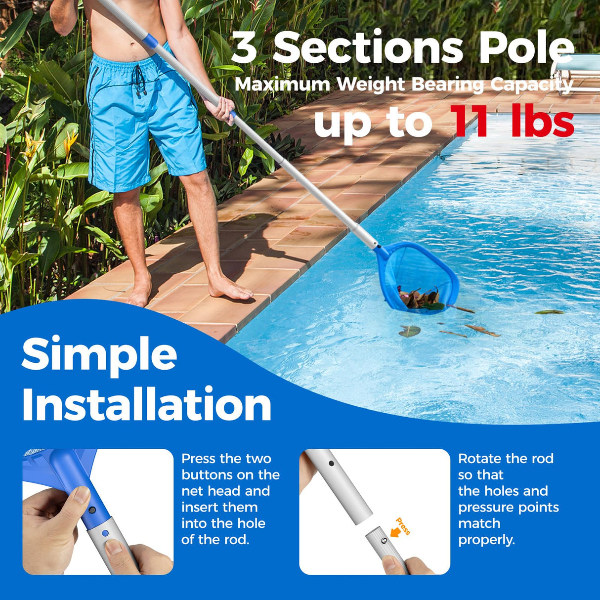 Mowend Swimming Pool Skimmer Net Total Length 67.7 inches, Leaf Rake Net with Adjustable Aluminum Pole for Fast Cleaning Ponds, Hot Tub, and Spas, Pool Cleaner Supplies and Accessories