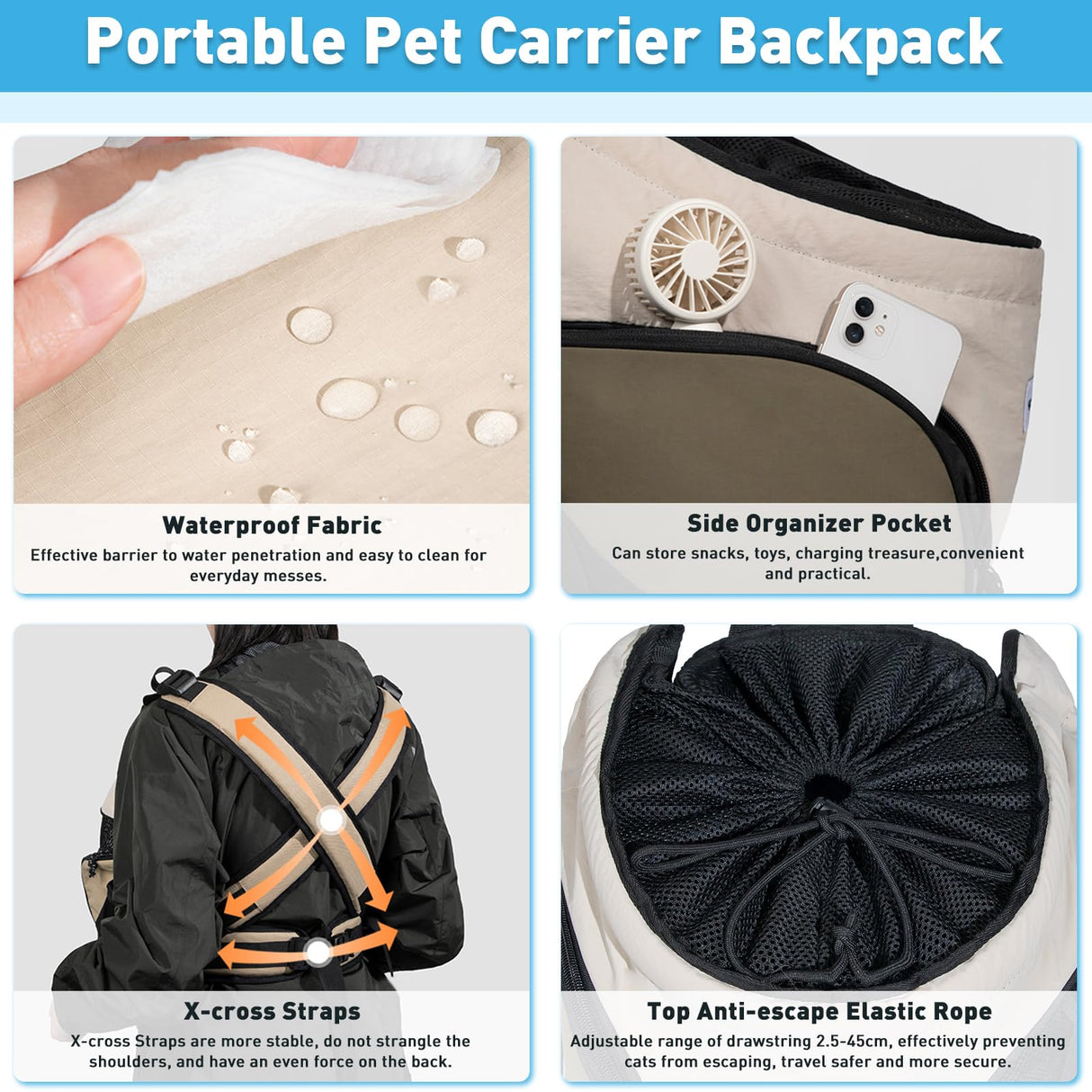 ETIAL Pet Dog Cat Carrier Front Chest Backpack, Hands Free Cross Shoulder Sling Bag with Padded Bottom & Safety Strap for Puppy Kitten Travel Hiking and Outdoor Use (8-18lbs,Grey)