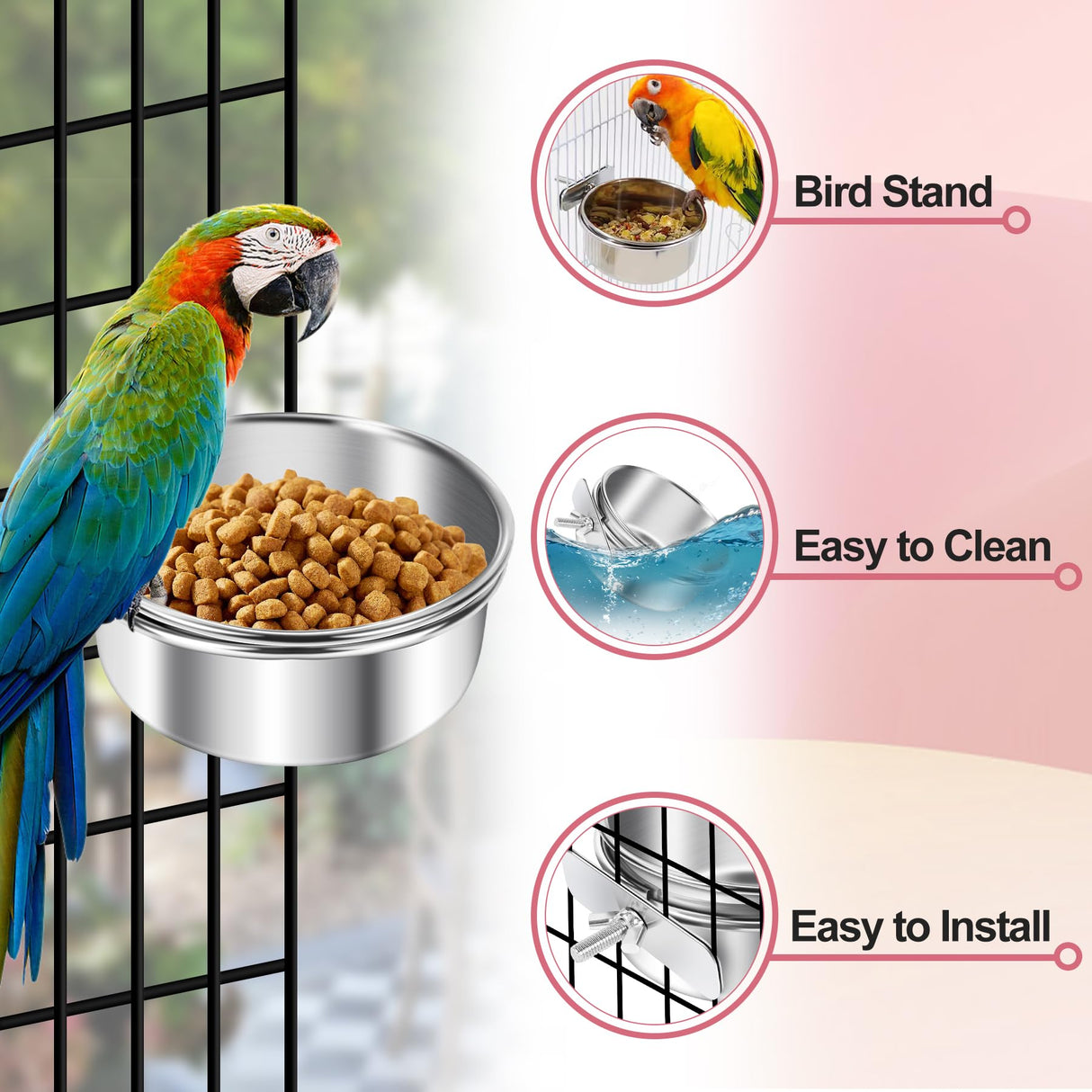 ToLanbbt 8 Pcs Stainless Steel Bird Food Bowls Bird Water Bowls with Clamp Holder, Parrot Feeding Dish Cups Parrot Cage Coop Feeders for Cockatiel Conure Budgie Parakeet Macaw Lovebird Small Animal, S