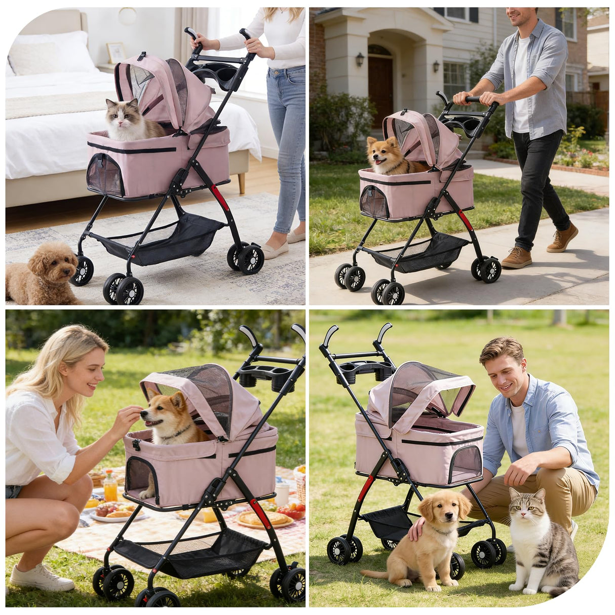 4 Wheels Pink Foldable Pet Stroller with Storage Basket, Cup Holder & Breathable Mesh for Small/Medium Dogs and Cats