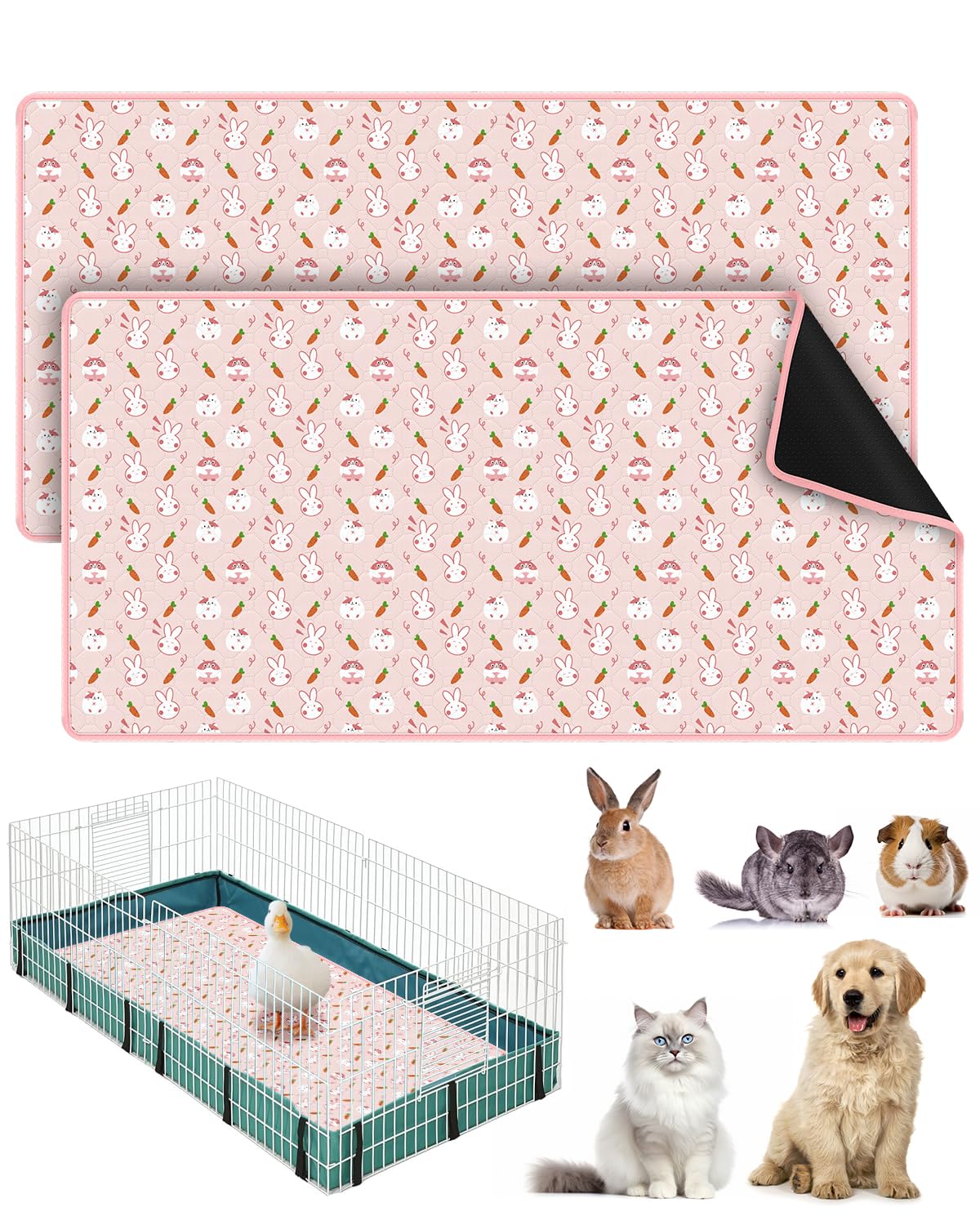 Bissap 2 Packs Guinea Pig Cage Liners, 47''X24'' Washable Guinea Pig Pee Pads Non Slip Reusable Fast and Super Absorbent Bedding for Small Animals Rabbit Hamster Chinchillas Rat - Pink