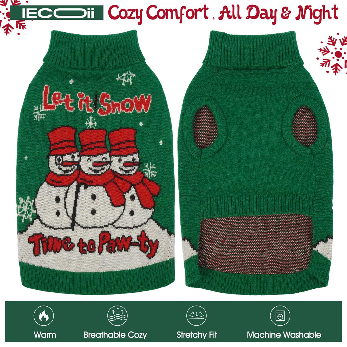 IECOii Dog Christmas Sweater, Dog Sweater for Small Dogs Girl Boy Pullover Knitwear for Holiday, Snowman & Snowflake Christmas Sweaters for Cold Weather Dog Turtleneck with Leash Hole, Green, M