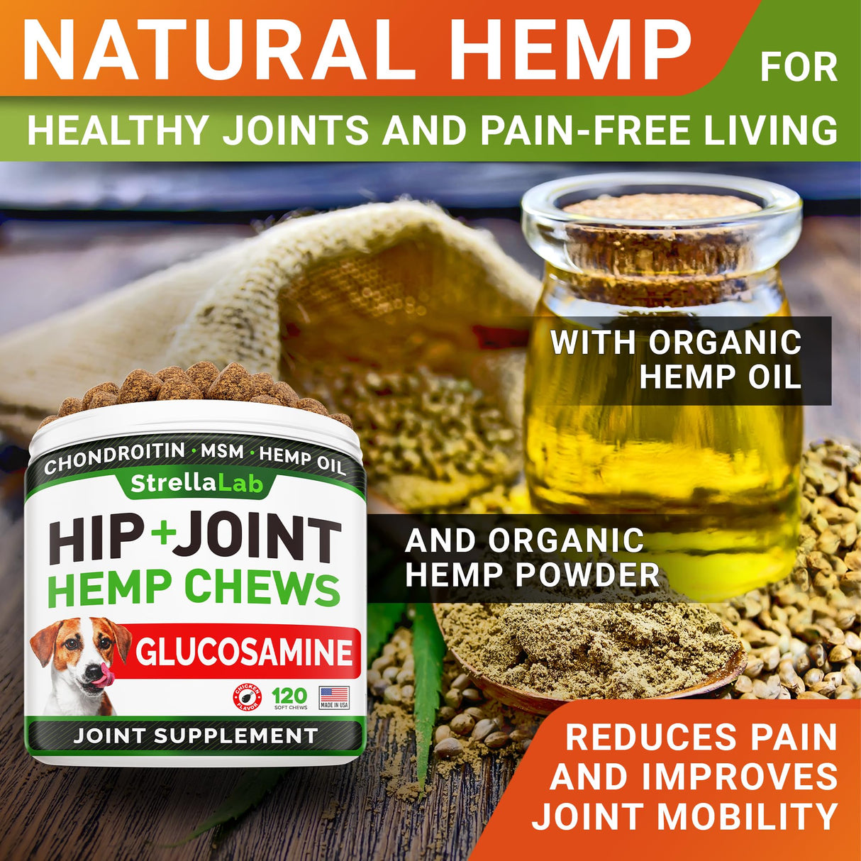 STRELLALAB Hemp Chews for Dogs - Hip & Joint Supplement with Glucosamine - Joint Pain Relief Treats - Omega 3, Chondroitin, MSM - Advanced Mobility Support - Chicken Flavor - 120 Ct - Made in USA