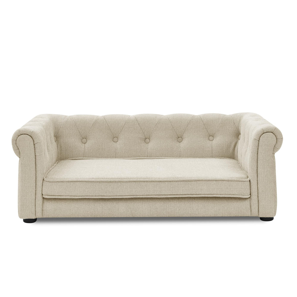 KrenzhHome Elevated Dog Sofa with Backrest and Armrests, Button Tufted Dog Couch Bed with Soft Cushion for Medium Dogs, Stylish Lounging Bed Pet Couch Chair, 60Lbs Weight Capacity, Beige
