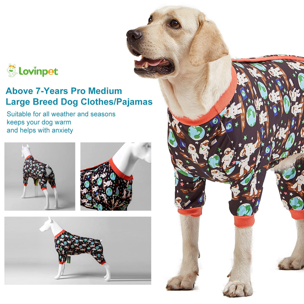 LovinPet Large Dog Shirt/Dogs Onesies/Doberman Sun Shield Shirt/Space Astronauts Black Print/Lightweight Pullover, Large Puppy PJ's/Full Coverage Doberman Pajamas /2XL