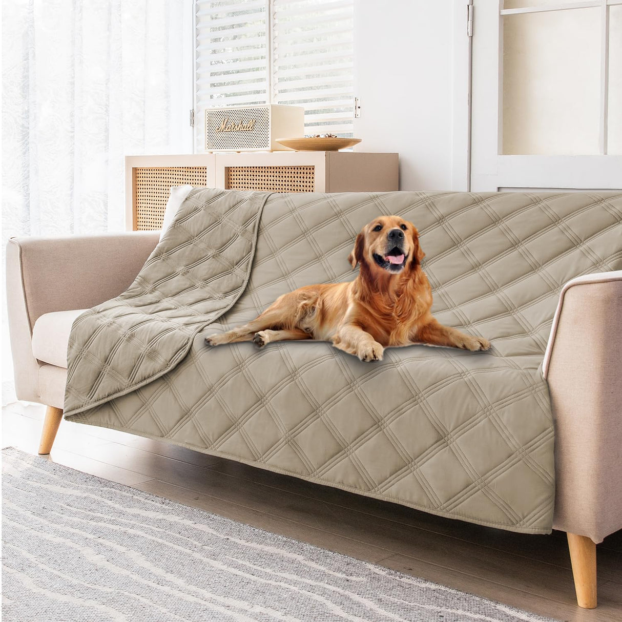 fuguitex Waterproof Dog Blanket Reversible for Small Dogs Resistant Leakproof Washable Couch Cushion Bed Protector Cover for Indoor Furniture Pet Friendly（82"*82",Brown+Khaki+Khaki
