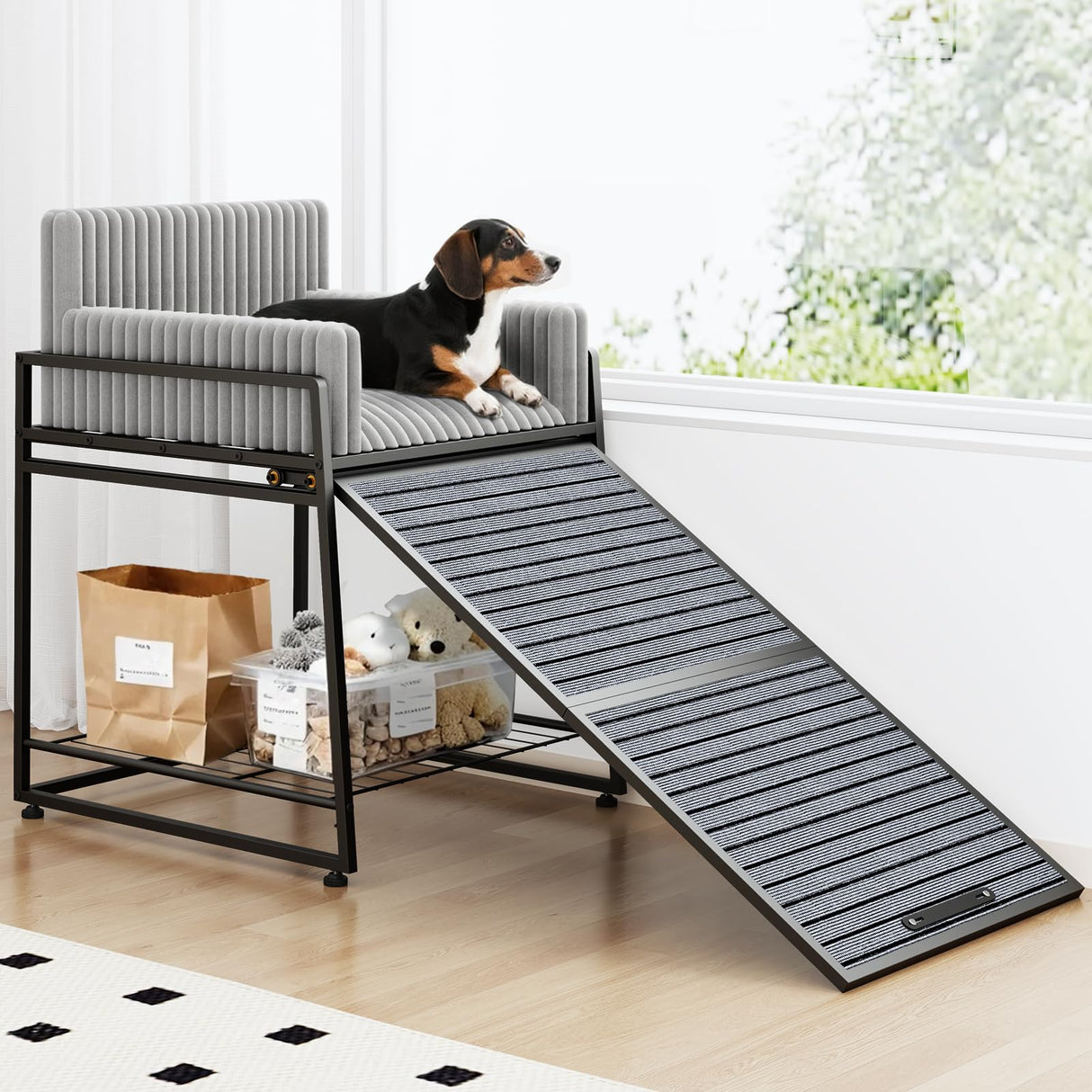 Pet Stairs Ramp with Seat,Dog Window Perch with Stairs and Storage,Dog Seat with Ramp Steps,Folding Pet Ramp for Dogs Cats,Bunk Bed Chair with Sofa Cushion for Bed Couch Office,Hold Up to 110 lbs