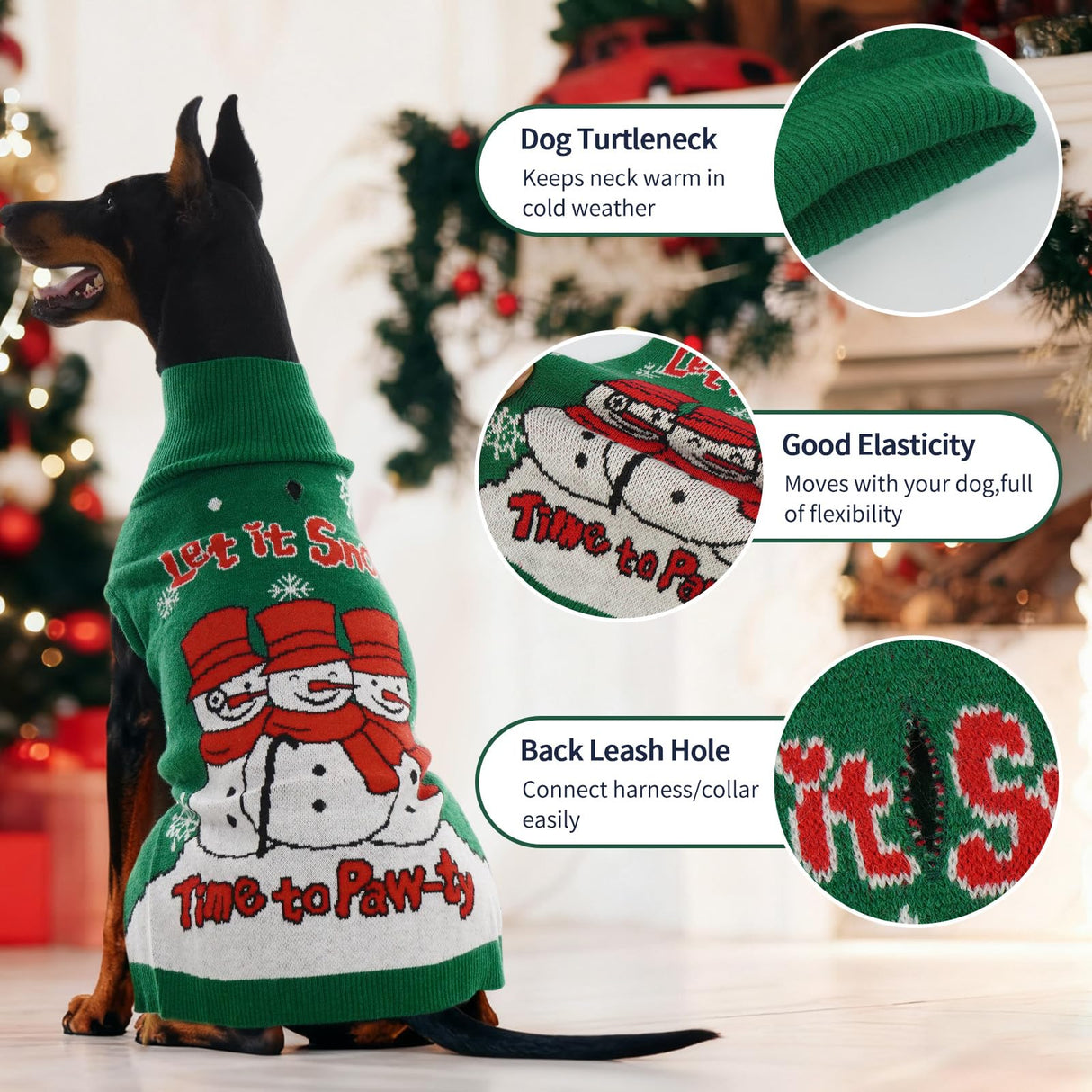 IECOii Dog Christmas Sweater, Dog Sweater for Small Dogs Girl Boy Pullover Knitwear for Holiday, Snowman & Snowflake Christmas Sweaters for Cold Weather Dog Turtleneck with Leash Hole, Green, M