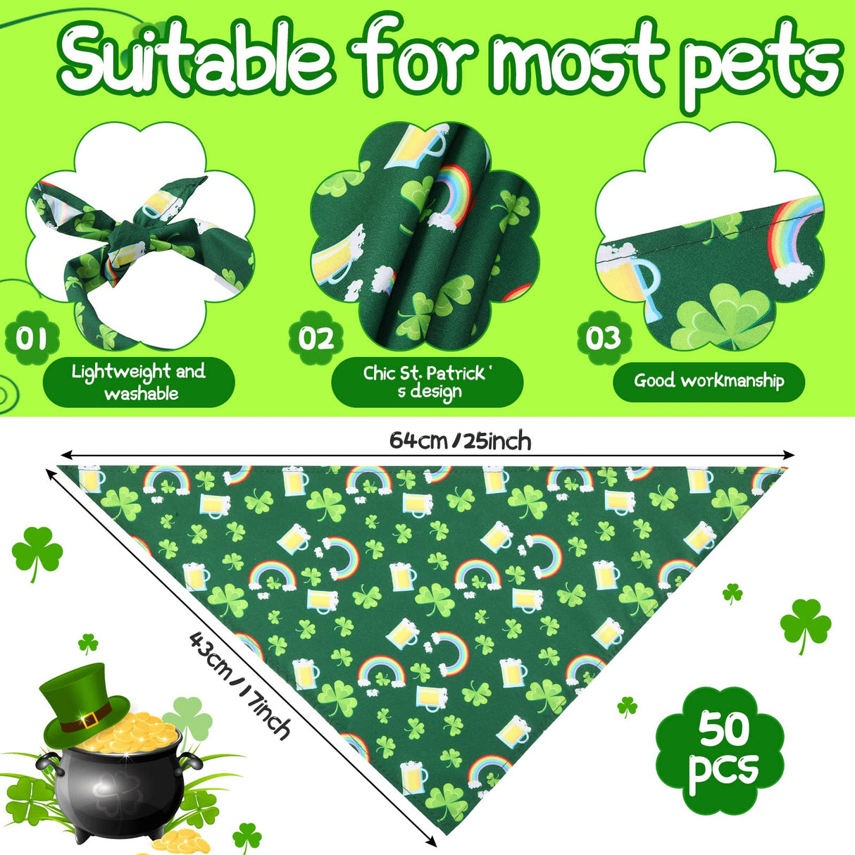 Sanwuta 50 Pieces St. Particks Dog Bandanas Bulk Bibs Triangle Dog Bandanas with Clover Patterns for St. Particks Pet Costume Decoration(25 x 17 x 17 Inch)