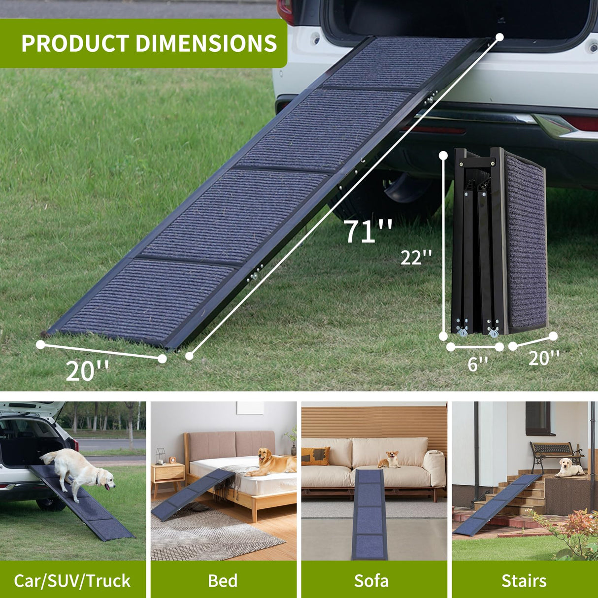 Homfstyi Dog Ramp for Car, 71'' L x 20'' W Dog Ramps for Large Dogs, Extra Wide Pet Ramp with Non-Slip Surface for Medium & Large Dogs to Get in Car, SUV & Truck, Supports Up to 300 Lbs