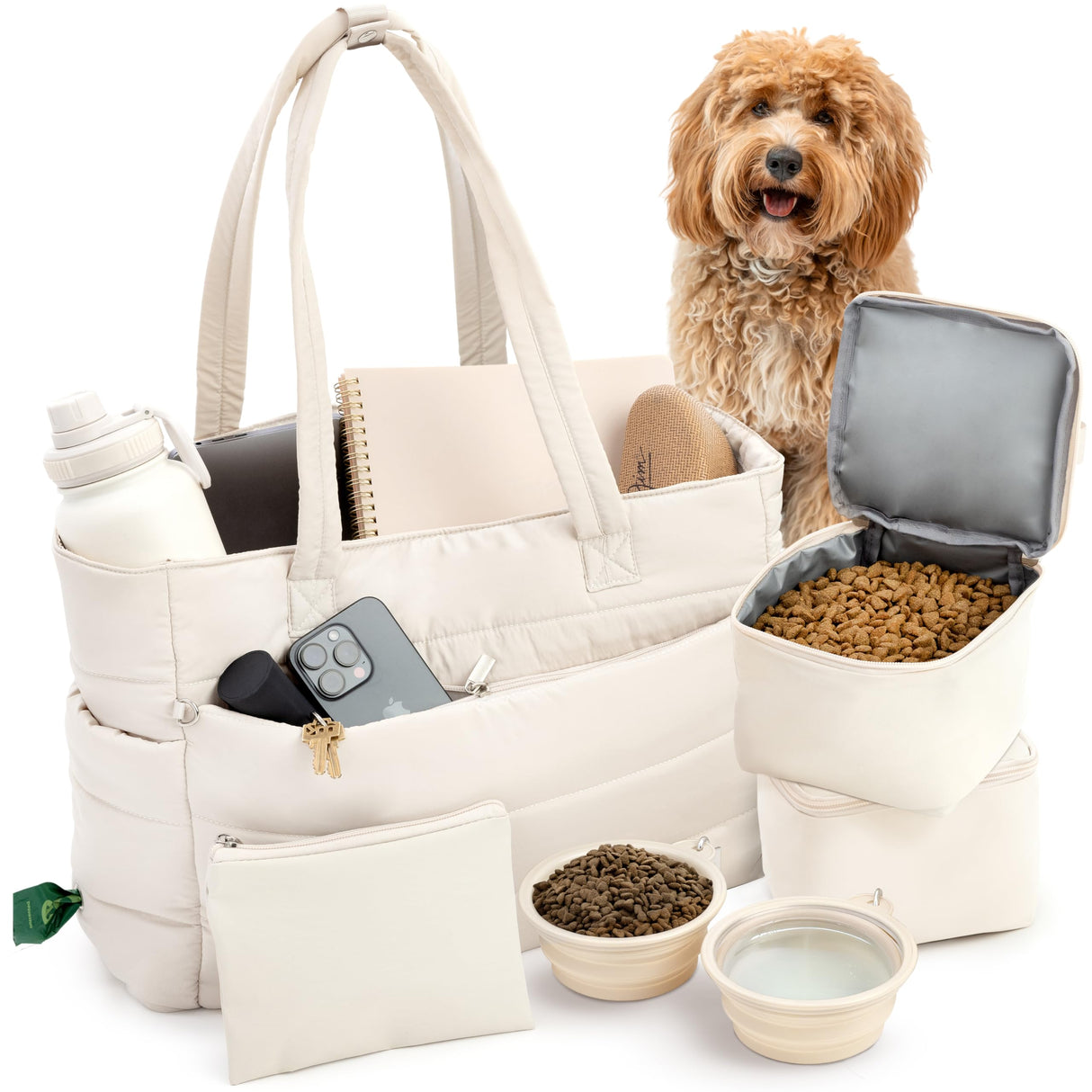 rubyloo Puffer Dog Travel Bag for Dog Moms – Doggy Diaper Bag with Pet Bowls & Food Storage or Everyday Puffy Tote – Doggy Mom Gifts for Women – Lightweight, Travel-Ready Gift for Pet Lovers – Beige