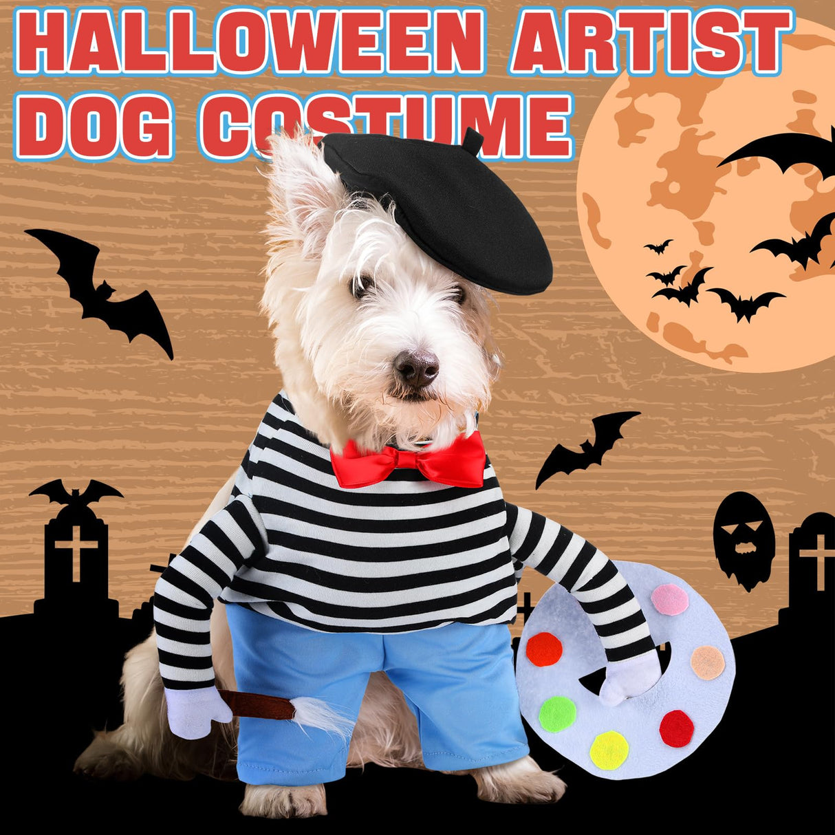 Dansydaisy Halloween Dog Costume Funny French Artist Dog Costume with Hat Painter Pet Clothes T-Shirt Jeans Beanie Beret Ties for Halloween Cosplay Brithday Party(S)